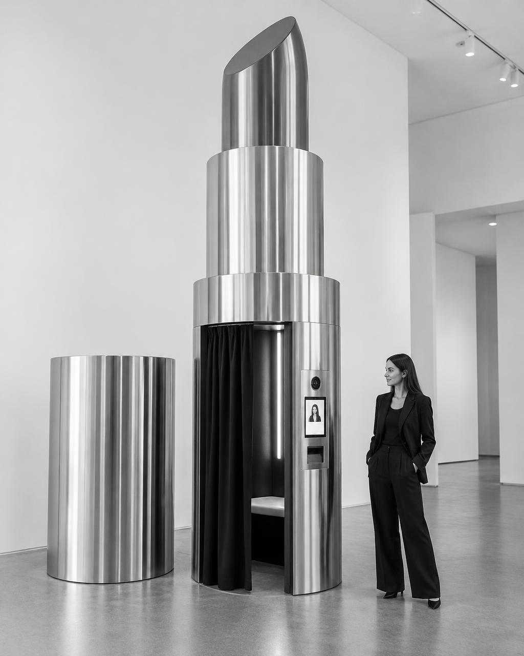 Concept render of a giant chrome lipstick-shaped photo booth