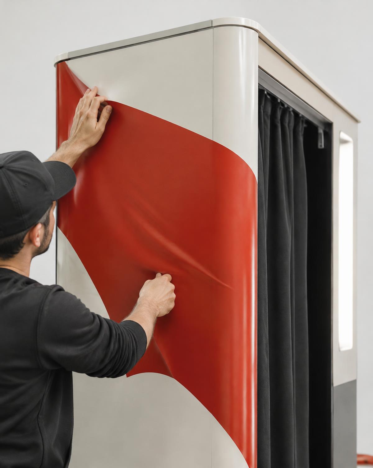 Custom vinyl being applied to a booth